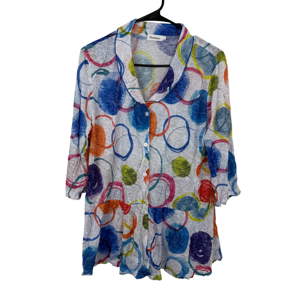 Periwinkle Shirt Womens Large White Multicolor Circle Print Crinkle Button Down